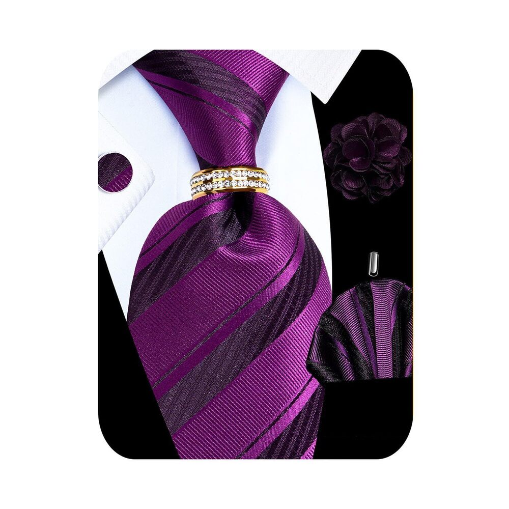 2992 5PCS Purple Striped Tie Pocket Square , Silk Necktie